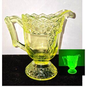 Vintage Mosser Queen Vaseline Glass 5" Creamer Pitcher Daisy & Star Pattern Glow